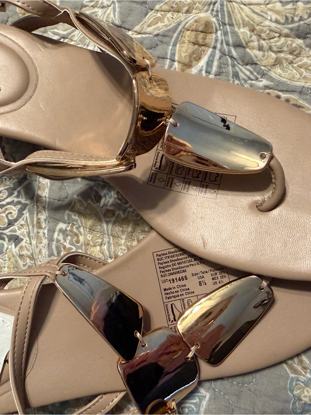 Blush Nude T-Strap Sandals with Gold Accent